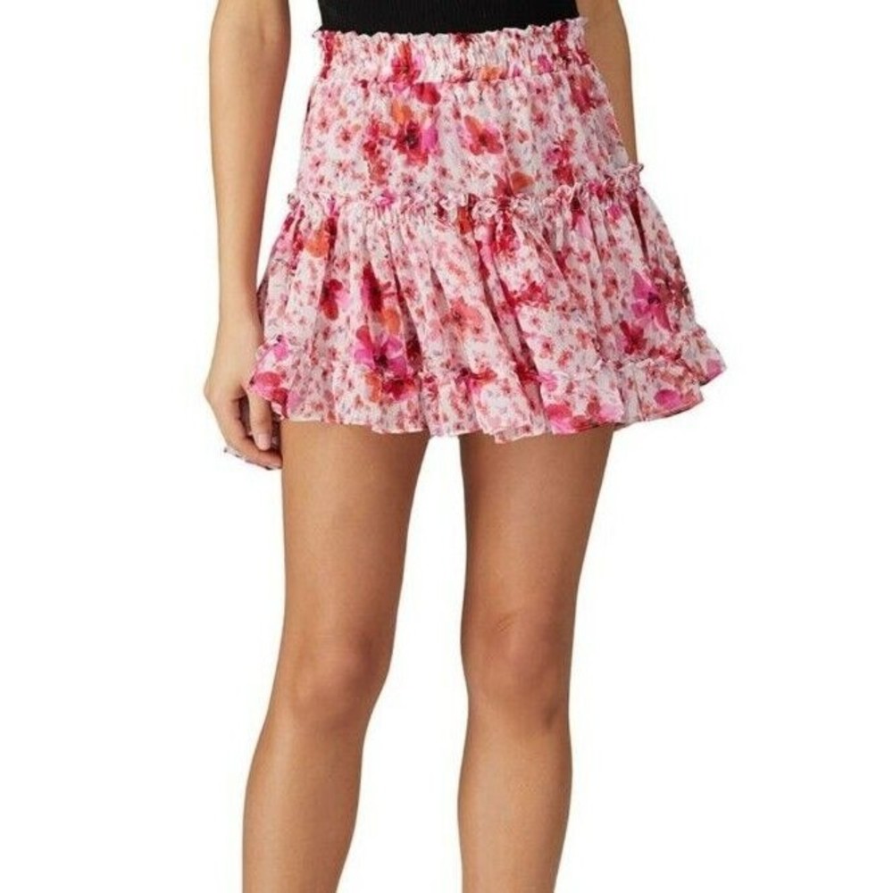 Misa Los Angeles Miss Marion Pink Floral Ruffle Tiered Mini Skirt XS Barbiecor